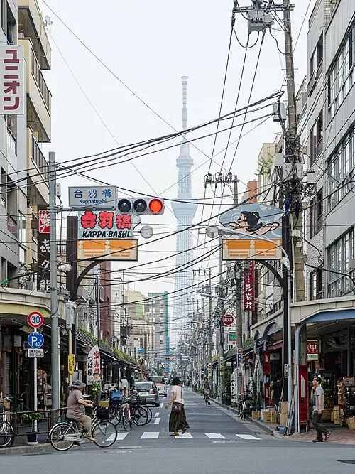 La rue Kappabashi et la skytree en arrière plan La rue Kappabashi et la skytree en arrière plan