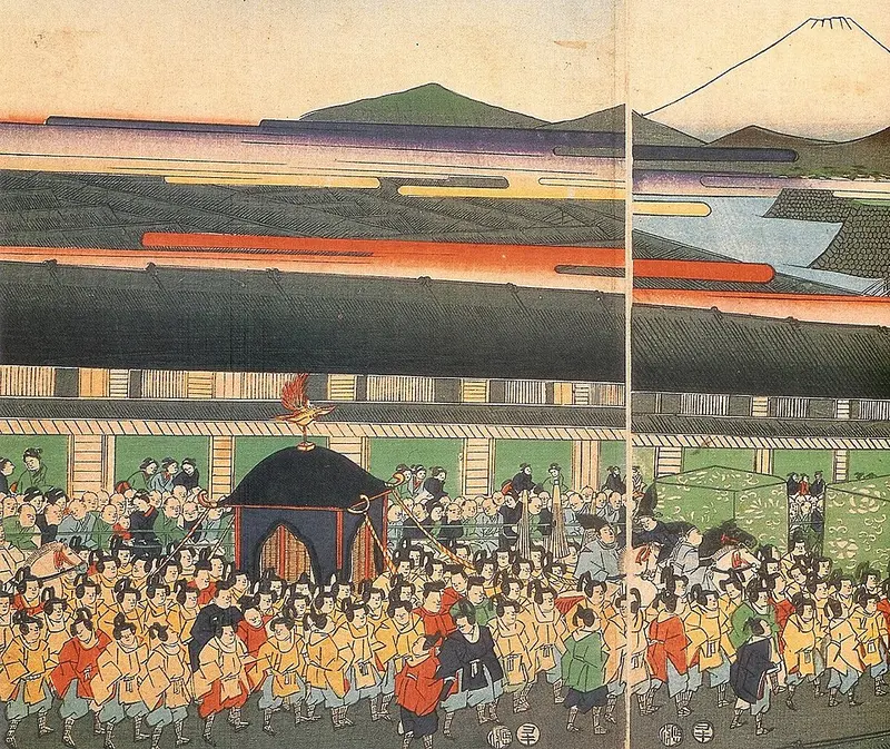 Arrivée de l'empereur à Tokyo - 1869 Estampe montrant l'arrivée de l'empereur à Tokyo - 1869