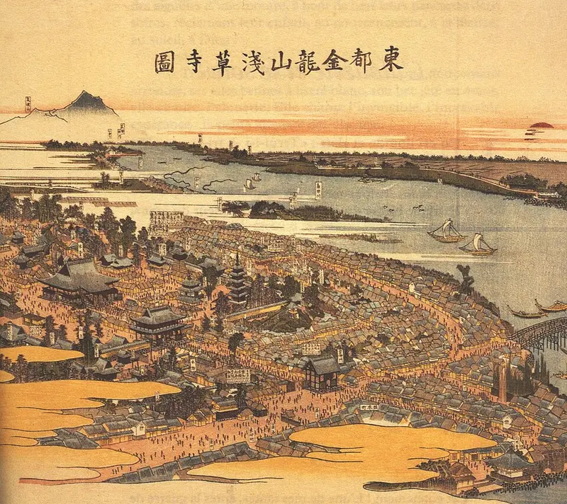 Senso-ji - 1820 Peinture datant de 1820 montrant une vue du temple Senso-ji et de ses environs